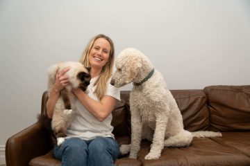 VetChat CEO and Founder Dr Claire Jenkins with her dog Rex and cat ROsie